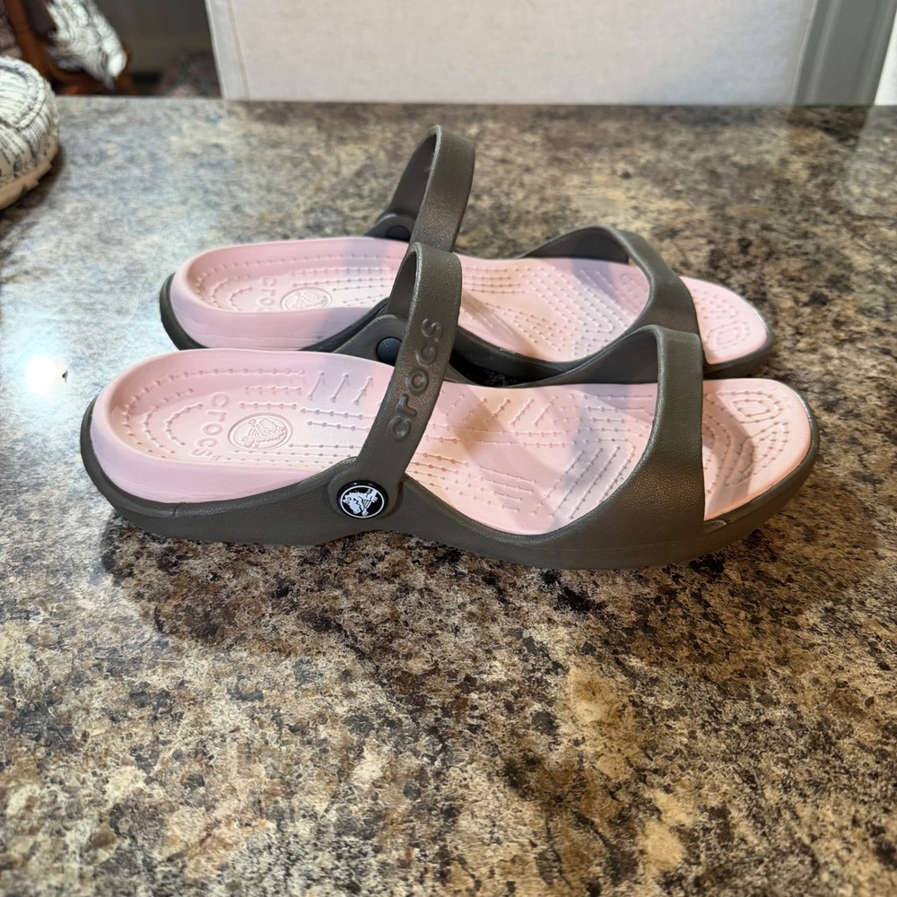 Crocs Cleo II Sandals Army Green Pink Dual Strap Slide Women Size 8